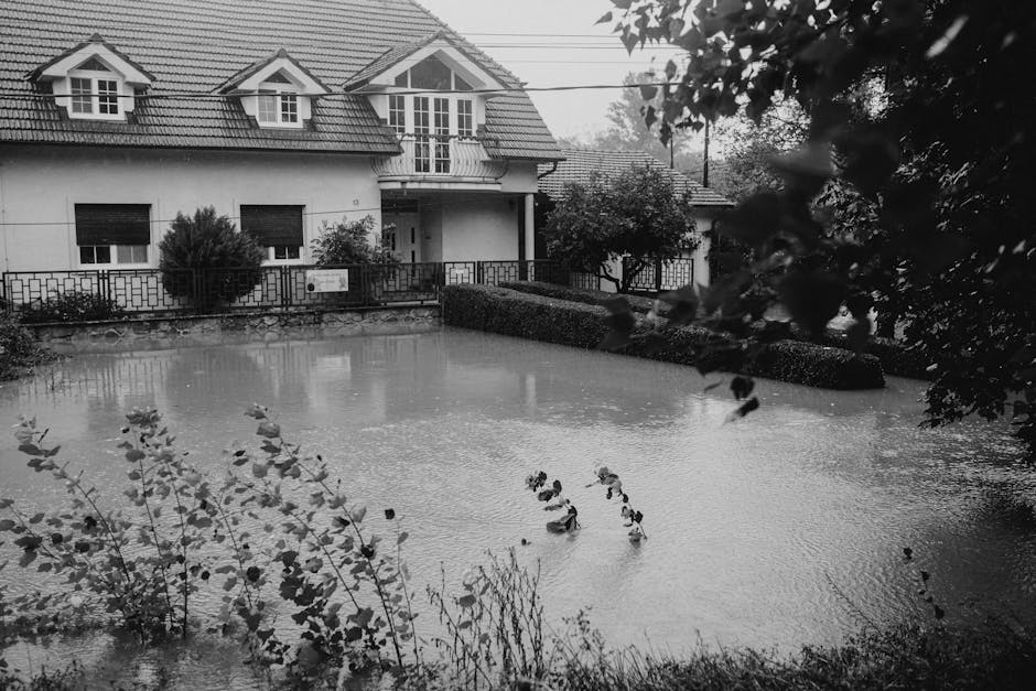 A residential area affected by flooding, with a large extent of water covering the front yard and driveway of a modern white house with a gabled roof and a garage door. The floodwaters reflect the sur